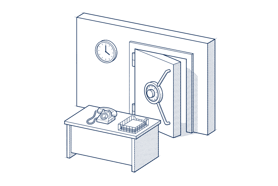 Skizze einer halb offenen Tresortür in einer Wand mit Zahlenrad und Hebel, davor ein Tisch mit Telefon und Formularablage, an der Wand eine Uhr auf vier.