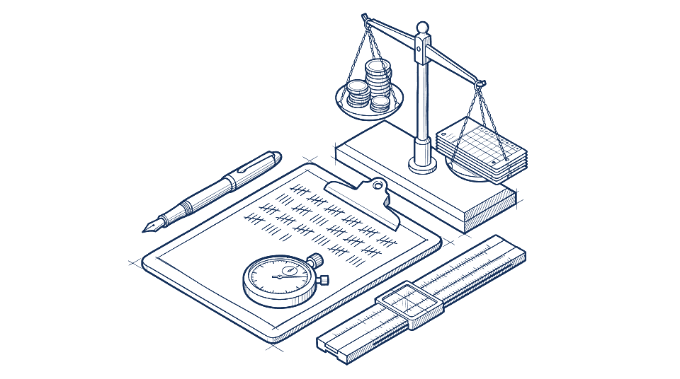 Sketch of a clipboard with a tally sheet, a stopwatch on it, a slide rule beside it, behind them a balance scale with coins on one pan and time cards on the other.