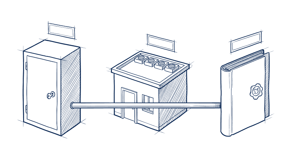 Sketch of three stations on one pipe: a server cabinet with a key in its lock, a data centre building with cooling units on the roof and a contract folder with a seal.