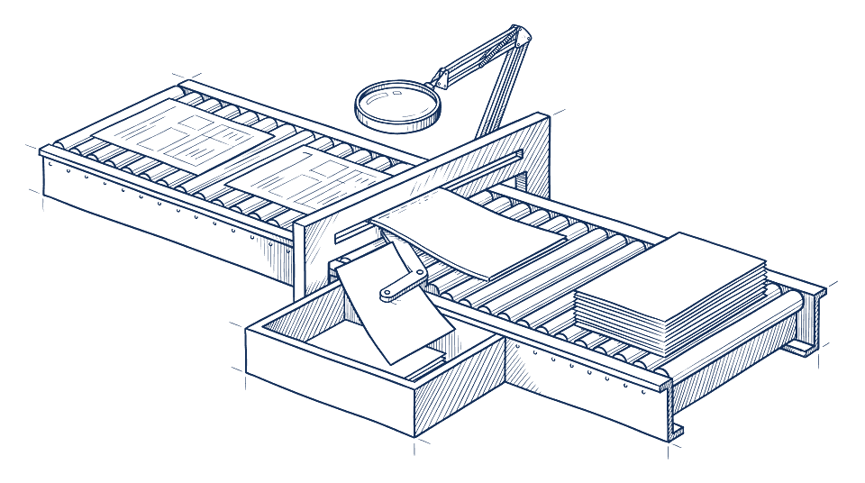 Sketch of an inspection station on a conveyor: data sheets pass through a gauge, fitting sheets continue to the output stack, rejects go into a bin, a magnifying glass on an arm above.